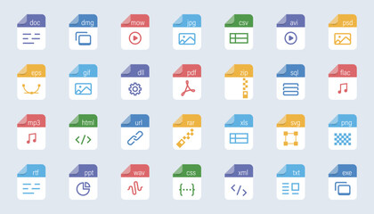 File type icon set. Popular files format and document in flat style design. Format and extension of documents. Set of graphic templates audio, video, image, system, archive, code and document file