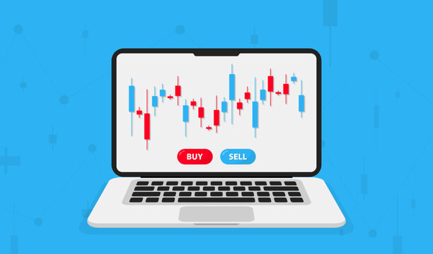 Online trading on the laptop. Investment trading in the stock market. Stocks market graph chart on device screen. Financial trading and investing strategy. Candlestick chart