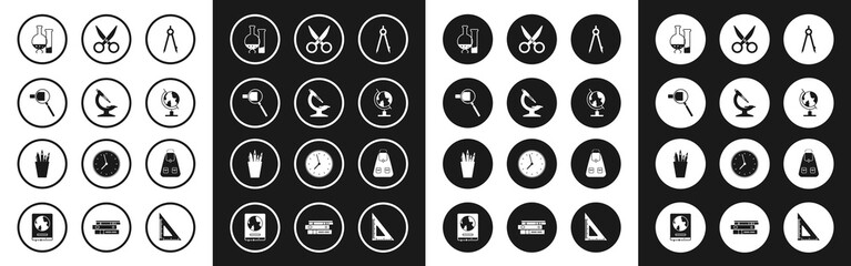 Set Drawing compass, Microscope, Magnifying glass, Test tube and flask chemical laboratory test, Earth globe, Scissors, School backpack and Pencil case stationery icon. Vector