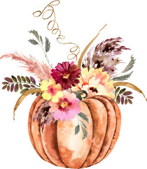 Pumpkin and pampas grass floral arrangement. Fall boho style beige watercolor illustration. Fall boho wedding invitation. Elegant  harvest bouquet. Autumn, thanksgiving card, menu, greeteng