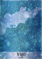 Christmas background, Chirstmas map of Vigo Spain, greeting card on blue background.