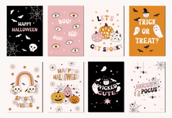 Muurstickers Set of hand drawn vector illustration fall autumn posters and cards, banners. Halloween invitation card, banner design in modern retro vintage groovy 60s 70s style. © saltoli