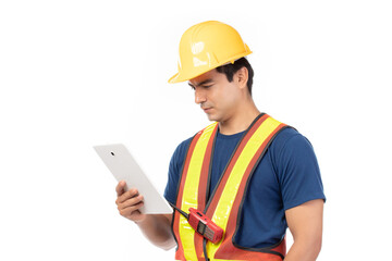 Construction handsome man worker in yellow helmet and reflective vest and using tablet for check work with team staff isolated on white background.
