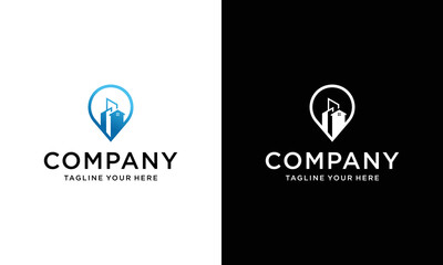 house and building location logo design template with creative line art. pin logo illustration, map, location, home, house, icon, building Premium Vector