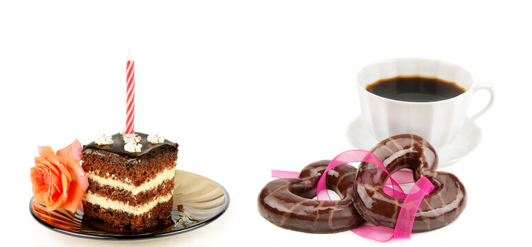 Cup of coffee, cake and biscuits isolated on a white background. Collage. Free space for text. Wide photo.