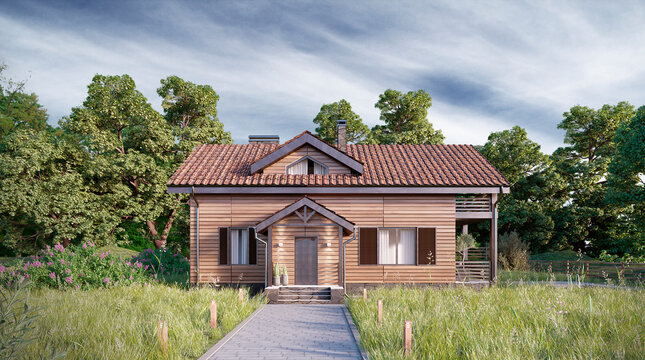 Wooden style house. Beautiful landscape and wonderful outlook. Located in a picturesque area. 3d render