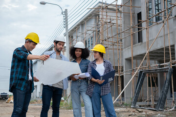 construction engineering project concept.  Engineer and businessman handshake at construction site. portrait of Construction worker.