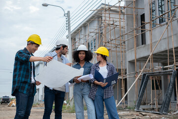 construction engineering project concept.  Engineer and businessman handshake at construction site. portrait of Construction worker.