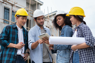 construction engineering project concept.  Engineer and businessman handshake at construction site. portrait of Construction worker.