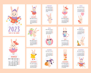 Fototapeta premium Annual monthly wall calendar for 2023 with mascot Year cute bunny. Collection of 12 vertical a4 pages templates and cover. Vector illustration. Week on Monday in English. Year of rabbit.