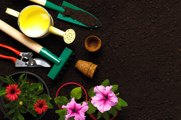 Garden tools for working flowers in pots on the soil. Top view copy space