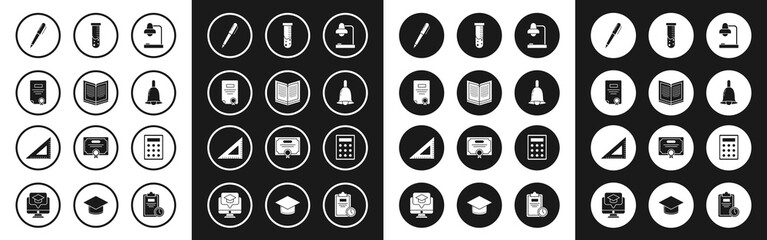 Set Table lamp, Open book, Certificate template, Pen, Ringing bell, Test tube and flask chemical laboratory, Calculator and Triangular ruler icon. Vector