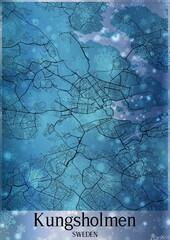 Christmas background, Chirstmas map of Kungsholmen Sweden, greeting card on blue background.