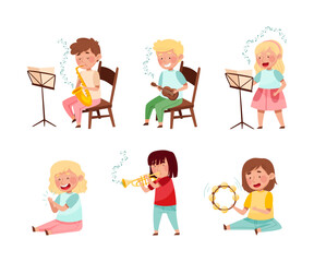 Artistic Kids Character Playing Musical Instrument at Music Lesson Vector Set