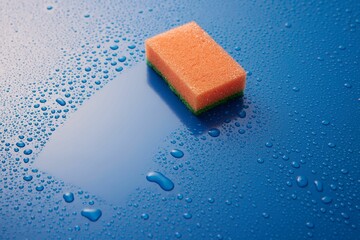 Orange double sided cleaning sponge paled on blue background covered with drops with copyspace - Powered by Adobe