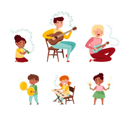 Artistic Kids Character and Man Teacher Playing Musical Instrument at Music Lesson Vector Set