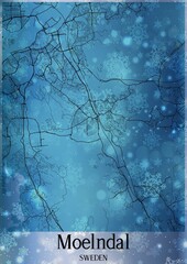 Christmas background, Chirstmas map of Moelndal Sweden, greeting card on blue background.