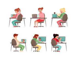 Online Education with Teen Boy and Girl as School or College Student at Desk in Front of Laptop Vector Set