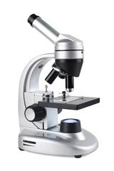 Optical microscope with three objective lenses, scientific appliance in laboratory