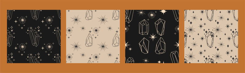 Mystical art of esoteric crystals, shining gems, diamonds. Set of sand patterns. Boho style. Prints for t-shirts and bags, decor element for tattoos.