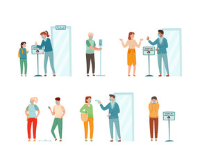 People Character in Medical Face Mask Measuring Temperature and Social Distancing Vector Set