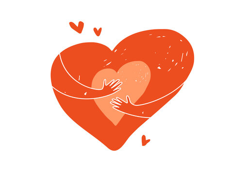Big heart hugging by hands core inside. Love, self care, embrace. Helping hand, support, social care. Volunteer, donation, kindness, charity foundation concept. Isolated abstract vector illustration