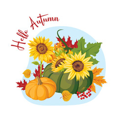 Hello autumn card. Design template with orange, white and green pumpkins, sunflowers and poppy flower on beige background.. Vector Halloween illustration. Autumn harvest background. Fall season.