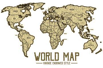 World Map Vintage style, Engraved Style Globe map