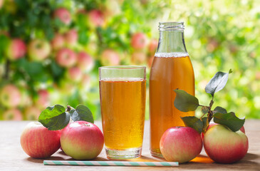 Bottle and glass of apple juice with fresh fruits