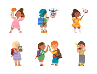Cute Kids Using Smart Mobile Gadget and Electronic Device Vector Set