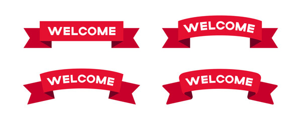 Greeting red ribbons set with word welcome banner vector illustration
