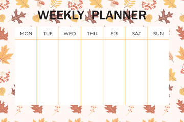 Cozy autumn weekly planner and to do list with fall elements ornament. Cute template for agenda, planners, check lists, and other kids stationery - obrazy, fototapety, plakaty