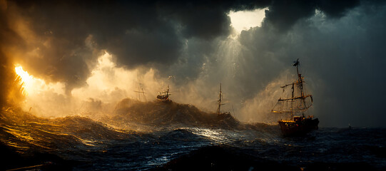 pirate ship called freedom stormy sea heading towards Digital Art Illustration Painting Hyper Realistic - obrazy, fototapety, plakaty