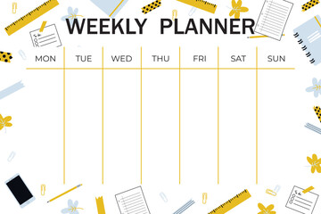 Weekly planner template. Organizer and schedule with place for Notes. Vector illustration. Cute and trendy