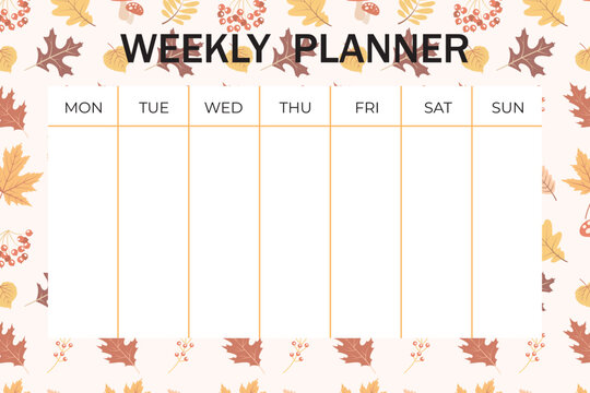 Cozy autumn weekly planner and to do list with fall elements ornament. Cute template for agenda, planners, check lists, and other kids stationery