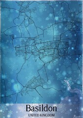 Christmas background, Chirstmas map of Basildon United Kingdom, greeting card on blue background.