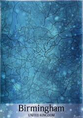 Christmas background, Chirstmas map of Birmingham United Kingdom, greeting card on blue background.