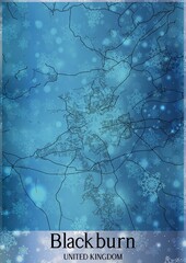 Christmas background, Chirstmas map of Blackburn United Kingdom, greeting card on blue background.