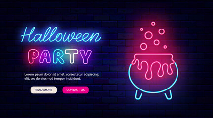 Halloween party neon flyr promotion on brick wall. Potion cauldron icon. Landing page. Vector stock illustration