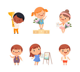 Happy Kid Winner with Gold Medal and Certificate of Achievement Vector Set