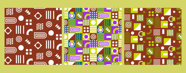 Fototapeta na wymiar Set of vector seamless patterns for design and print. Bright textures in abstract style with elements of geometric shapes for use in business, marketing, fashion, etc.