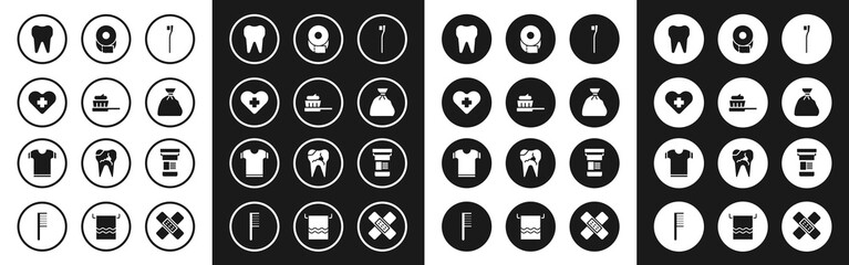 Set Toothbrush, with toothpaste, Heart cross, Garbage bag, Toilet paper roll, Medicine bottle and T-shirt icon. Vector