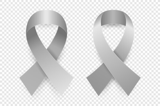 Vector 3d Realistic Gray Ribbon Set. Brain Cancer Awareness Symbol Closeup. Cancer Ribbon Template. World Brain Cancer Day Concept