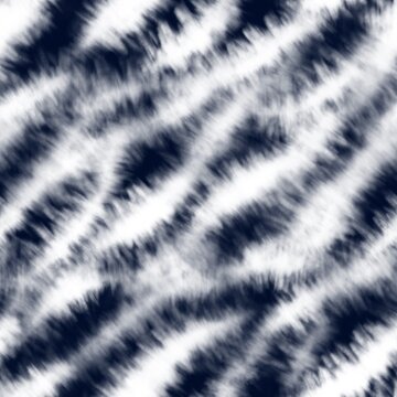 Seamless pattern with tie dye zebra stripes in indigo and white colors. Abstract watercolor blurred texture