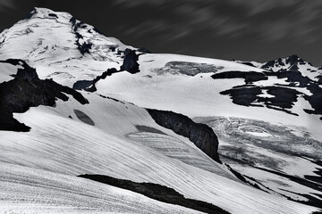 Black and white glacier crevasses. Mt Baker, Washington State. Pacific rim. USA
