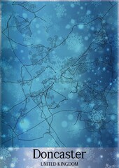 Christmas background, Chirstmas map of Doncaster United Kingdom, greeting card on blue background.