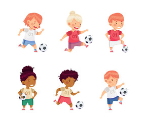 Little Boy and Girl in Sports Shirt and Shorts Playing Football Kicking Ball and Scoring Goal Vector Set