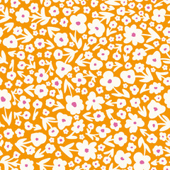 Flowers with leaves seamless repeat pattern. Random placed, vector cottage core floral all over surface print on orange background.
