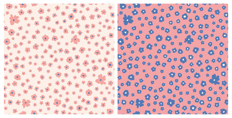 Set of cute little ditsy daisy seamless repeat pattern. Random placed, vector flowers all over surface print bundle.