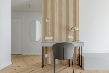 Modern minimalist interior design  with wooden furniture, oak floor.  Aesthetic simple interior design concept.